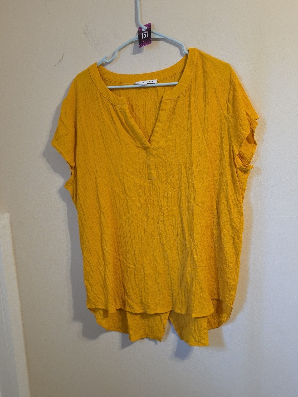 Jane & Delancey Oversized Gold Crinkle V Neck Short Sleeve Blouse. In EUC